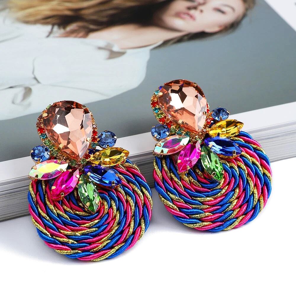 Multicolor Ethnic Boho Rhinestone Statement Earrings‎ with Gold Wrap Acce…